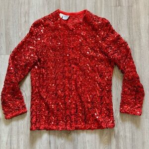 Vintage Na'ma Red Sequin Sparkly Button Up Cardigan Top Christmas Medium Holiday